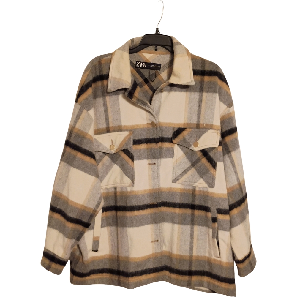 Zara Plaid Shacket in Cream, Gray & Brown Tones - Picture 6 of 10